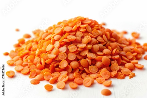 Tiny reddish-orange lentils separated on a white backdrop. Generative Ai