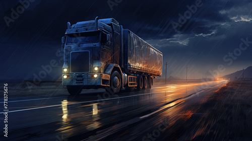 Cargo truck driving in the night or sundown. Transportation industry scene with long haul car.