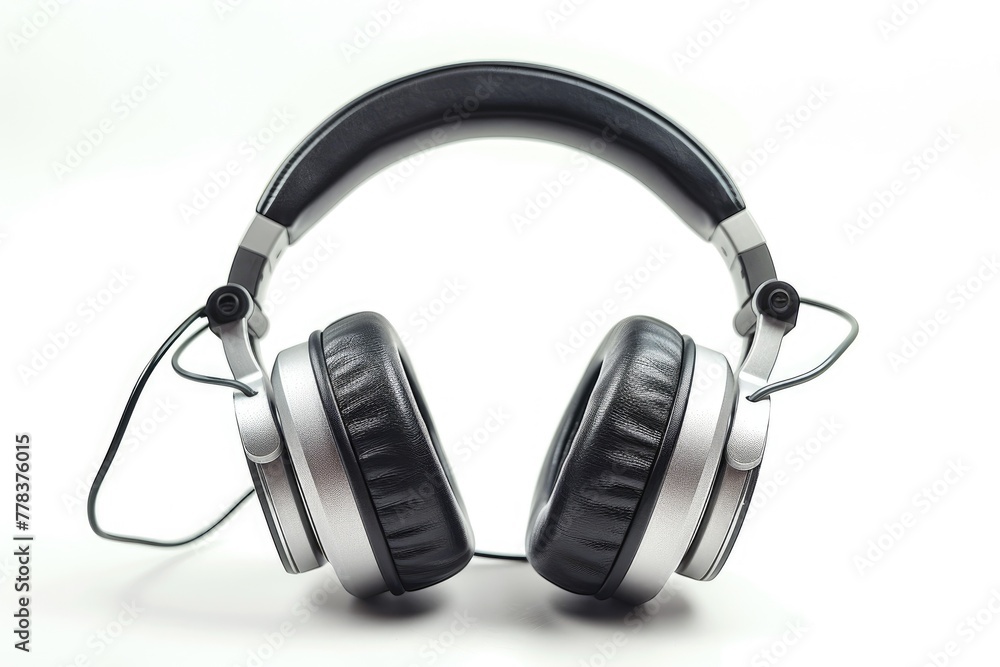 Isolated silver DJ headphones on a white backdrop. Generative Ai Isolated silver DJ headphones on a white backdrop. Generative Ai