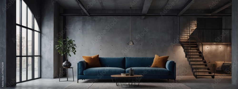 Perfect blend of style and simplicity in this minimalist loft interior, highlighted by a blue sofa against a blank concrete wall, inviting you to make it your own with personalized decor.