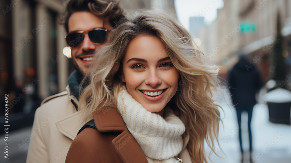 beautiful young couple in sunglasses smiling and looking at camera in city beautiful young couple in sunglasses smiling and looking at camera in city