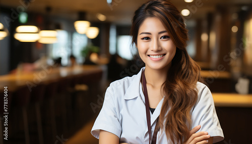 Portrait of a smiling female employee standing in a restaurant shop. Asian women.