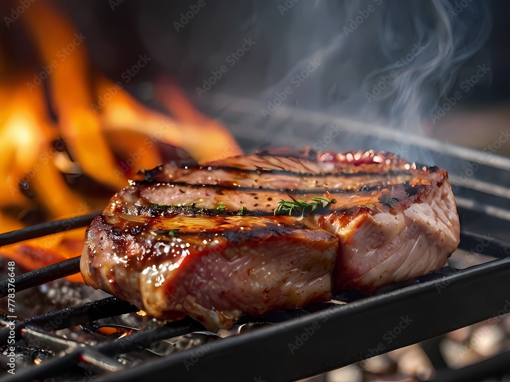 Grilled meat steak on stainless grill depot with flames Grilled meat steak on stainless grill depot with flames