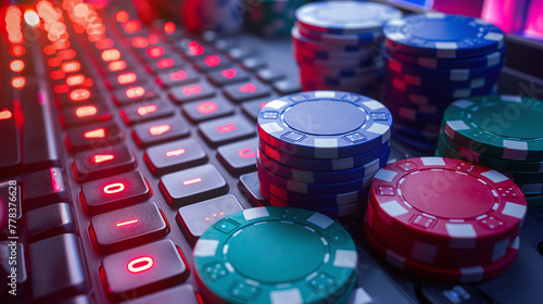 online casino concept, poker chips on computer keyboard
