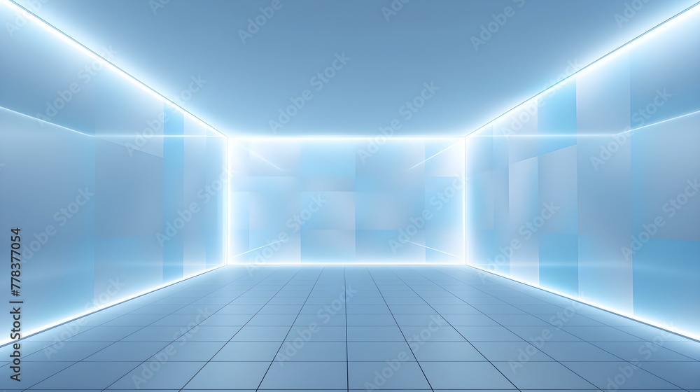Modern light blue geometric Interior with Neon Lighting. Empty Room for Product Presentation