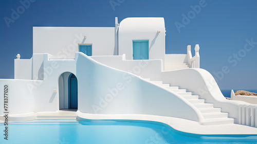 Hotel pool in the sunny day with blue water and white buildings. Resort architecture with swimming pool. © swillklitch