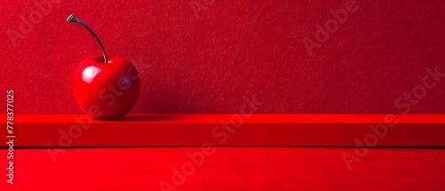   A red apple rests atop a red shelf adjacent to a red backdrop and another red wall in the background photo