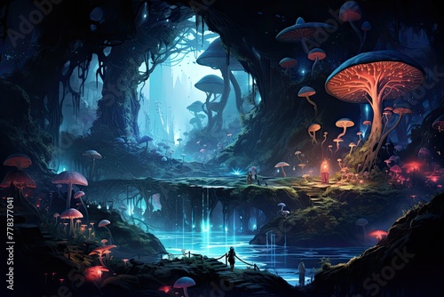 A painting depicting a lush forest filled with various types of mushrooms. Generative AI