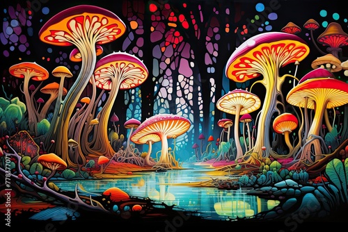 A painting depicting a vibrant forest teeming with numerous mushrooms of various shapes and sizes. Generative AI