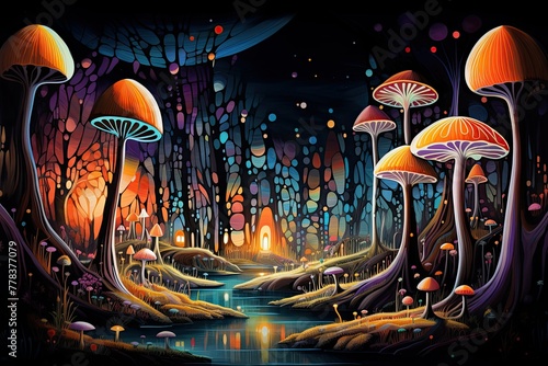 A painting depicting a lush forest teeming with a variety of vibrant mushrooms. Generative AI