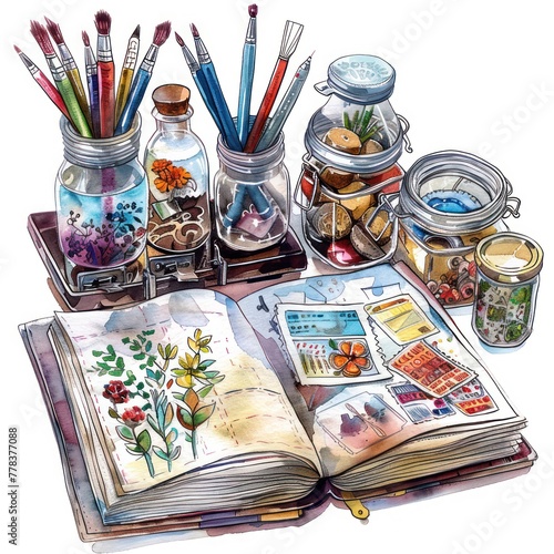 A watercolor clipart of a creative workspace with a scrapbook open to a page being decorated with stamps