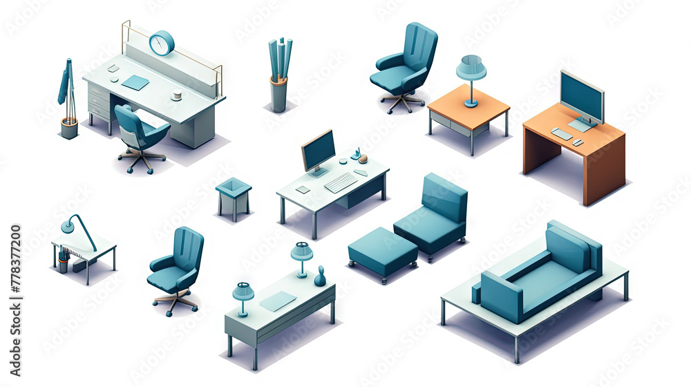 Set of isometric office furniture with desk and chair icons. Set of isometric office furniture with desk and chair icons.