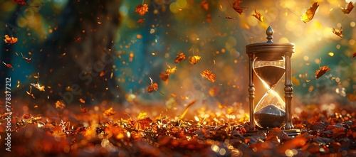 A majestic hourglass stands amidst a flurry of swirling autumn leaves, caught in a dance with time under a golden light. photo