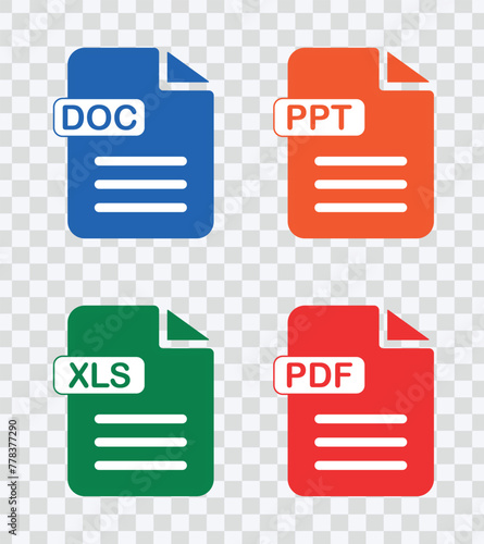 "Vector illustration set featuring various document formats and extensions including .doc, .xls, .ppt, .pdf, Adobe Acrobat, Nitro Reader, and Foxit Reader."
