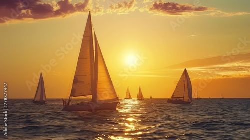 Sailing regatta at golden hour, wind in the sails