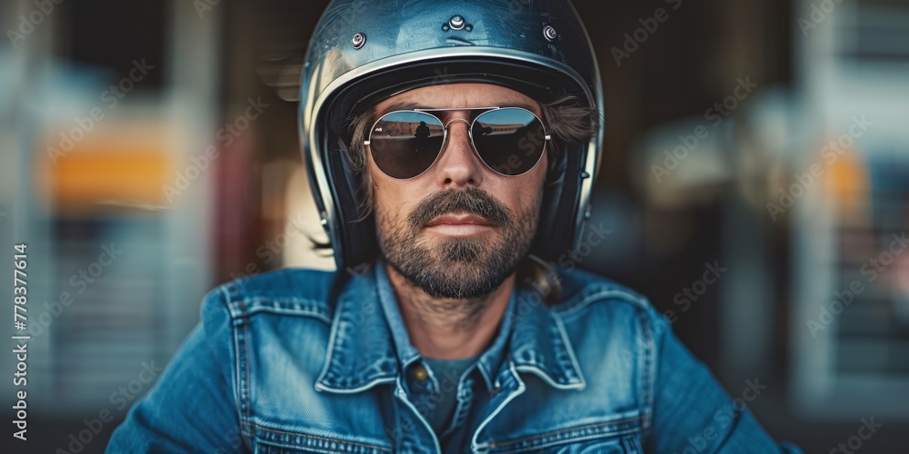 Confident man in a helmet and sunglasses, denim jacket on. Confident man in a helmet and sunglasses, denim jacket on.