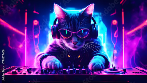 Cute cat DJ playing music at a nightclub with neon lights
