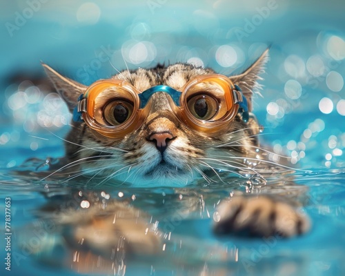 A cat wearing swim goggles and a cap doing a perfect dive into a pool