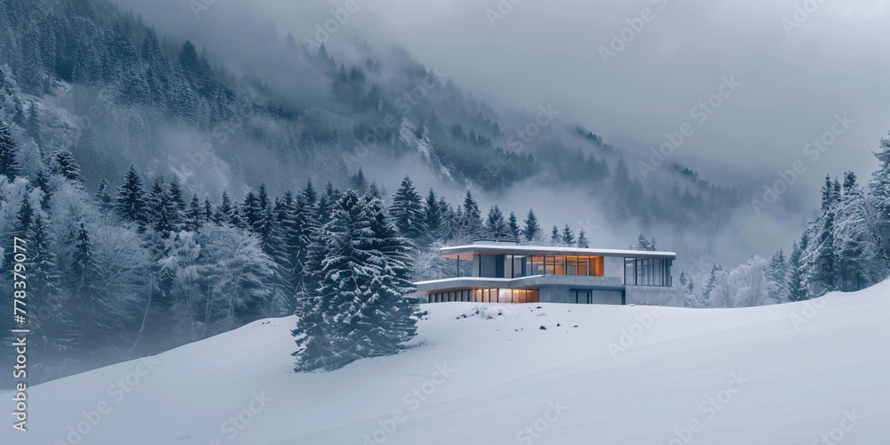 Modern house in the mountains with snow and fog Modern house in the mountains with snow and fog