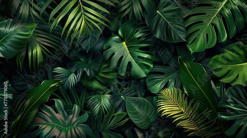 Green tropical leaves in dark background. Lush tropical foliage against a mysterious backdrop.