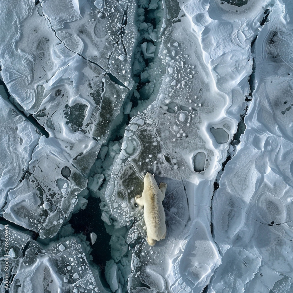 Naklejka premium Polar bear on ice floe. Top view. Polar bear on ice floe