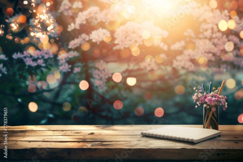 Creative workspace with notebook, pencils, and flowers on wooden table with bokeh background