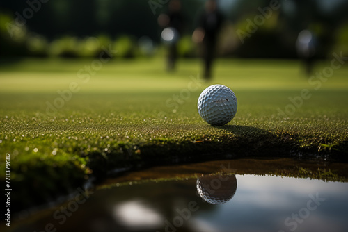 Golf ball on green grass with reflection of golfer in background