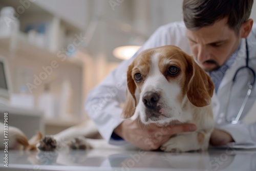 Veterinarian administering vaccine to dog with care and professionalism