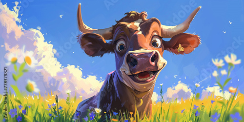 Happy cartoon cow in the meadow with flowers