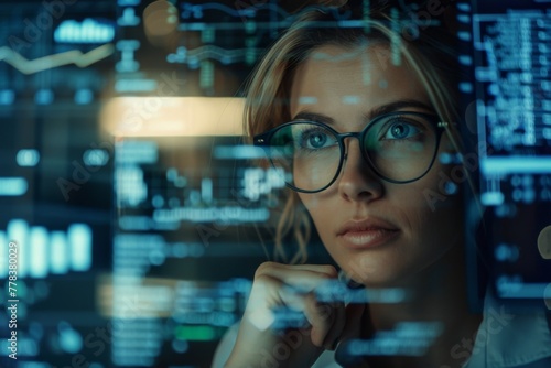 Young woman wearing glasses working on html coding in dynamic and colorful environment