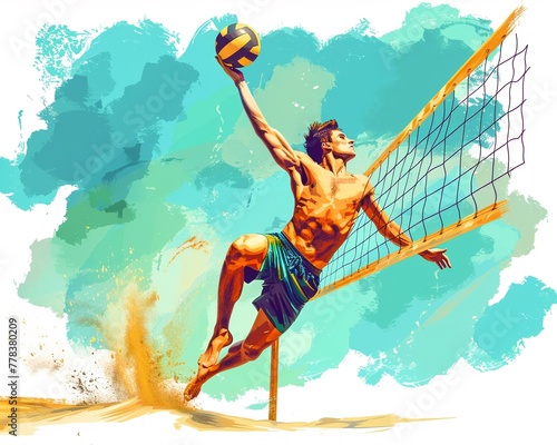 Beach volleyball clipart mid-spike action.