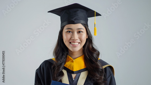 smiling, happy Asian woman female graduates with a diploma hat