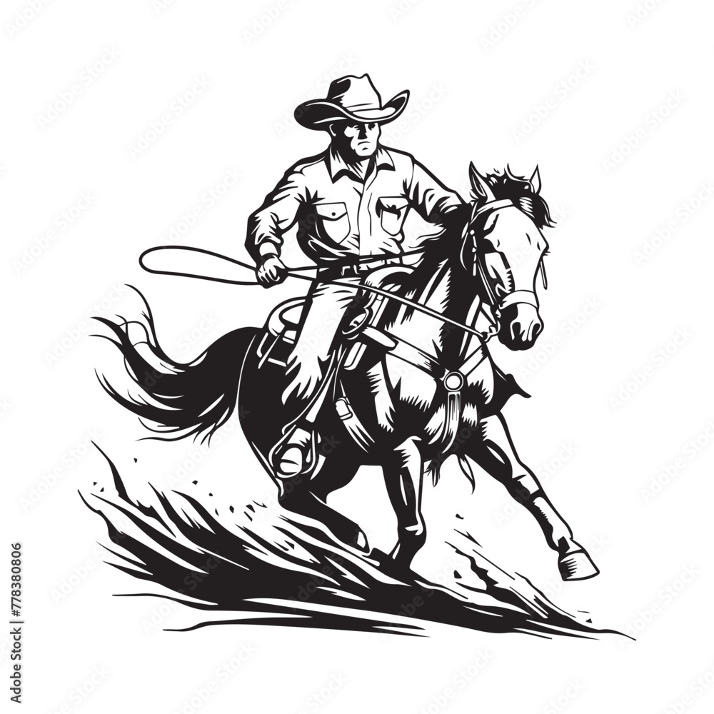 Cowboy on Horse Throwing Lasso, Vector Illustration Isolated on White Background