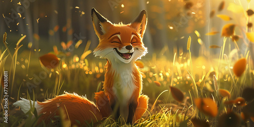 Happy cartoon fox on a background of green grass.