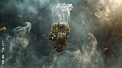 A piece of marijuana levitate in the air. Smoke. Close-up. Where smoke and dreams intertwine. photo