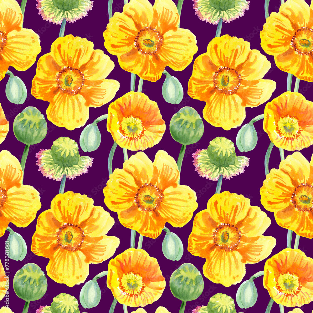 Seamless pattern of yellow poppy flowers painted with watercolours on a purple background. Botanical collection of garden and wild plants. For fabric, sketchbook, wallpaper, wrapping paper.