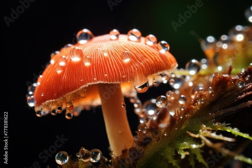 A close-up view of a mushroom with water droplets shimmering on its surface. Generative AI