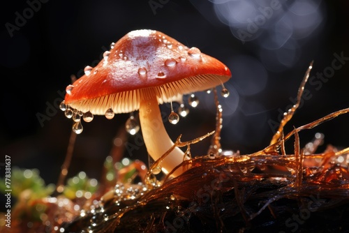 A macro shot of a mushroom covered in glistening dewdrops, showcasing the intricate details of nature up close. Generative AI