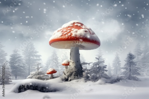 A mushroom stands out in the midst of a snowy forest, surrounded by white landscape and fog. Generative AI