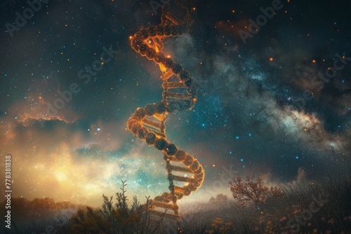 Genetic code: bright dna spiral on a majestic cosmic background © Aleks