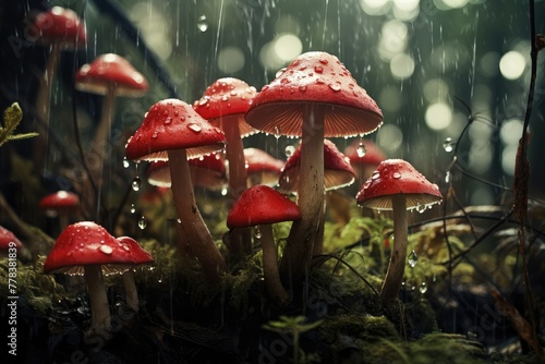 A cluster of red mushrooms growing on the forest floor among fallen leaves and twigs. Generative AI