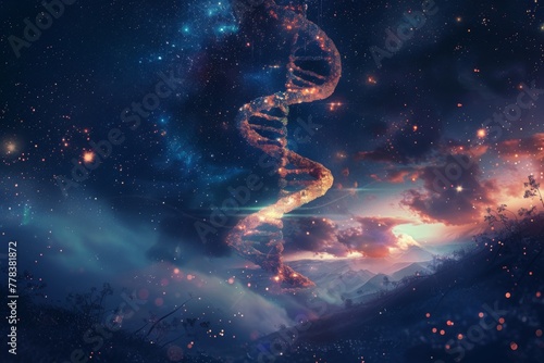 Amazing complexity: bright dna spiral against a cosmic landscape