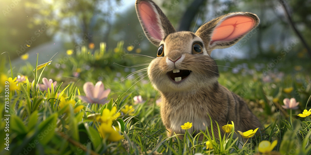 Obraz premium Happy cartoon rabbit in the meadow with flowers