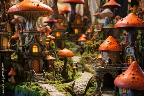A collection of tiny houses and trees in a charming mushroom village setting. Generative AI