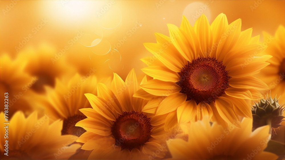 Obraz premium Sunflowers in a field, with a warm, bright, and sunny background, in a realistic style, with a focus on the beauty of nature and the colors of summer.