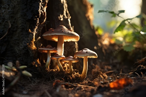 Mushrooms clustered on the ground beside a tree in a forest setting. Generative AI photo