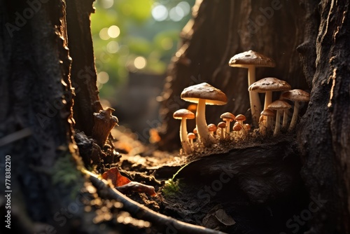 Group of mushrooms in various sizes and colors growing on the side of a tree trunk in a forest. Generative AI