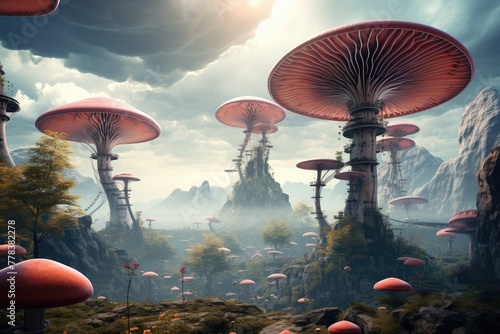A cluster of giant mushrooms standing tall among the grass in a surreal scene. Generative AI