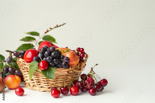 Abundant display of small fruits on plain background  leaving room for text