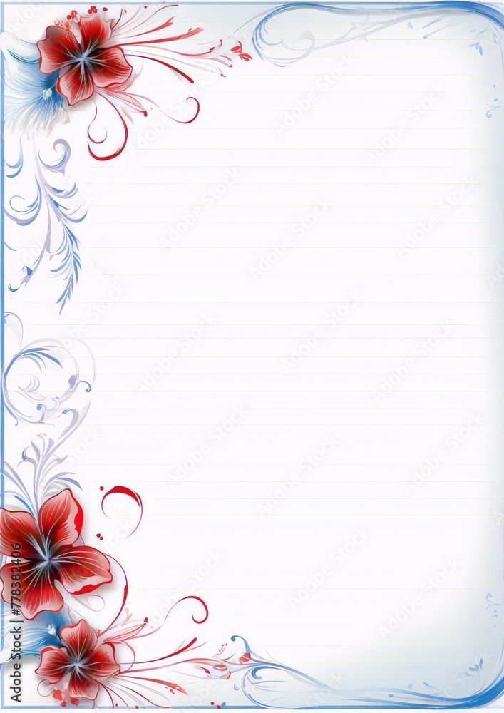 Red and blue flowers with gradient petals on a lined paper background, framed with blue waves. Red and blue flowers with gradient petals on a lined paper background, framed with blue waves.